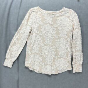 LOFT XS Lace Damask Textured Knit Top Ivory Cream Beige Mixed Media Long Sleeve